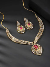 Sparkling Royal Ruby CZ Necklace Set by Peora. Gold-plated necklace set with a geometric pattern and red-colored stones and earrings.
