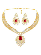 Sparkling Royal Ruby CZ Necklace Set by Peora. Gold-plated necklace set with a geometric pattern and red-colored stones and earrings.