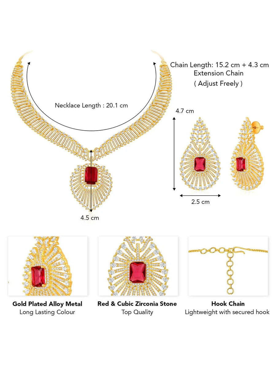 Sparkling Royal Ruby CZ Necklace Set by Peora. Gold-plated necklace set with a geometric pattern and red-colored stones and earrings.