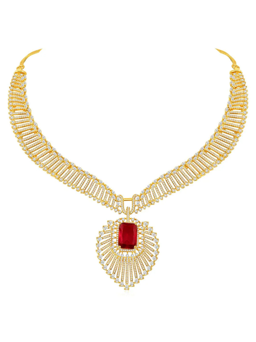 Sparkling Royal Ruby CZ Necklace Set by Peora. Gold-plated necklace set with a geometric pattern and red-colored stones and earrings.