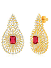 Sparkling Royal Ruby CZ Necklace Set by Peora. Gold-plated necklace set with a geometric pattern and red-colored stones and earrings.