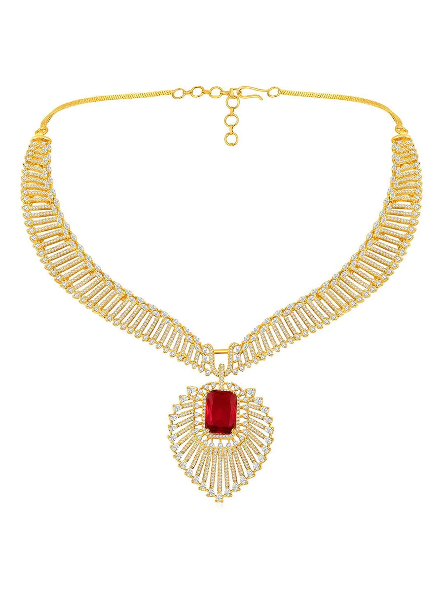 Sparkling Royal Ruby CZ Necklace Set by Peora. Gold-plated necklace set with a geometric pattern and red-colored stones and earrings.