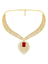 Sparkling Royal Ruby CZ Necklace Set by Peora. Gold-plated necklace set with a geometric pattern and red-colored stones and earrings.