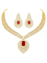 Sparkling Royal Ruby CZ Necklace Set by Peora. Gold-plated necklace set with a geometric pattern and red-colored stones and earrings.