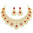 Radiant Ruby CZ and Necklace Set by Peora. Gold-plated necklace set with CZ & ruby stones with intricate designs. Best for weddings & bridal looks.