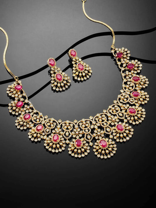 Radiant Ruby CZ and Necklace Set by Peora. Gold-plated necklace set with CZ & ruby stones with intricate designs. Best for weddings & bridal looks.