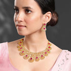 Radiant Ruby CZ and Necklace Set by Peora. Gold-plated necklace set with CZ & ruby stones with intricate designs. Best for weddings & bridal looks.