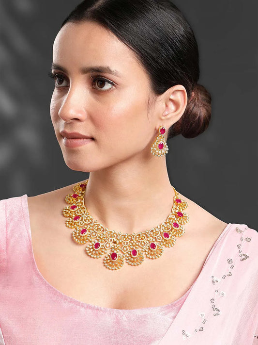 Radiant Ruby CZ and Necklace Set by Peora. Gold-plated necklace set with CZ & ruby stones with intricate designs. Best for weddings & bridal looks.