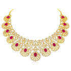 Radiant Ruby CZ and Necklace Set by Peora. Gold-plated necklace set with CZ & ruby stones with intricate designs. Best for weddings & bridal looks.