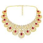 Radiant Ruby CZ and Necklace Set by Peora. Gold-plated necklace set with CZ & ruby stones with intricate designs. Best for weddings & bridal looks.