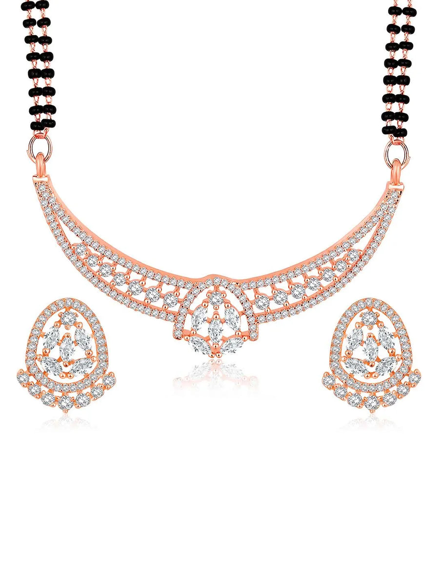 Dazzling CZ Studded Mangalsutra Set. Rose gold plated mangalsutra with earrings & black beads by Peora.