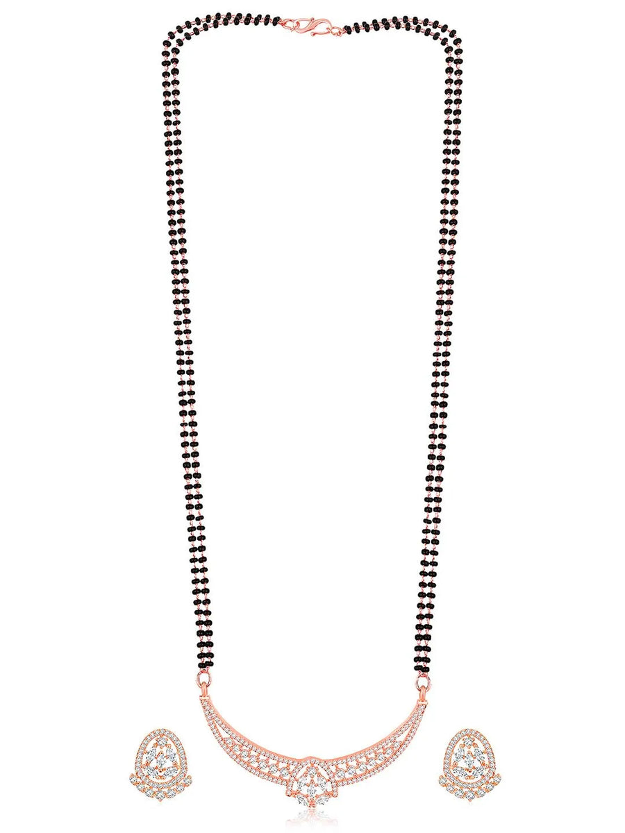 Dazzling CZ Studded Mangalsutra Set. Rose gold plated mangalsutra with earrings & black beads by Peora.