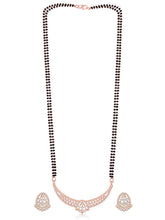 Dazzling CZ Studded Mangalsutra Set. Rose gold plated mangalsutra with earrings & black beads by Peora.