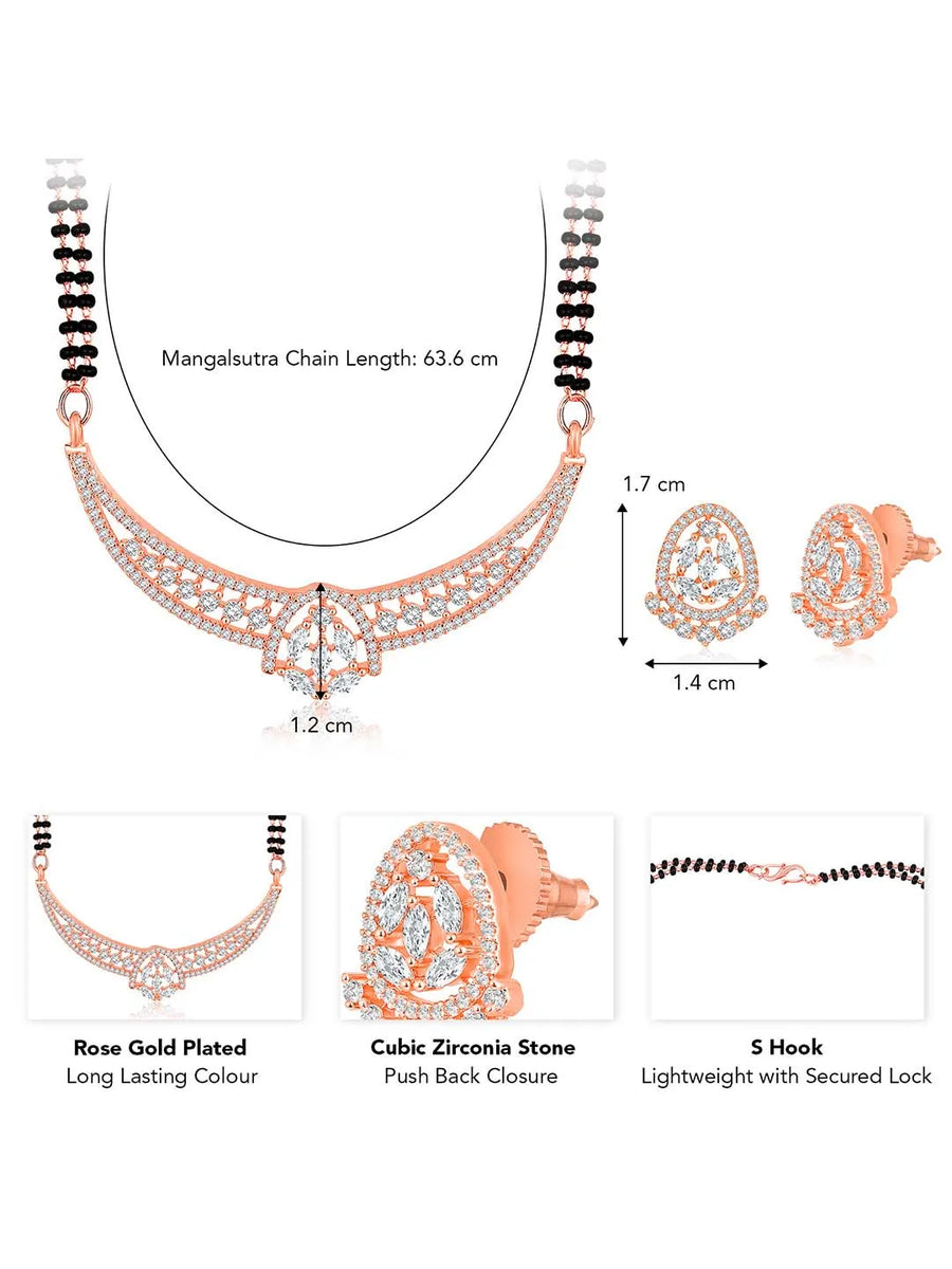 Dazzling CZ Studded Mangalsutra Set. Rose gold plated mangalsutra with earrings & black beads by Peora.