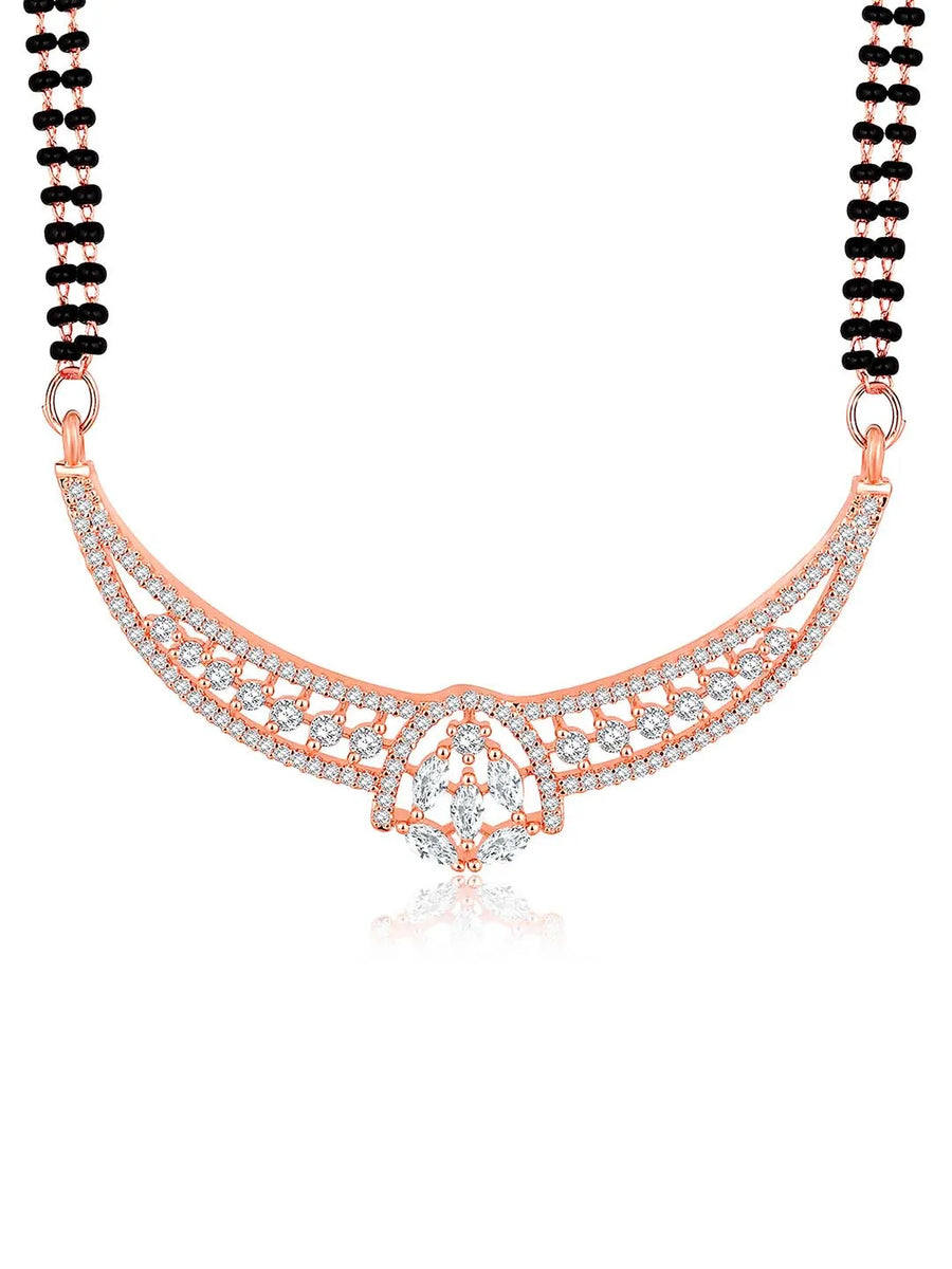 Dazzling CZ Studded Mangalsutra Set. Rose gold plated mangalsutra with earrings & black beads by Peora.