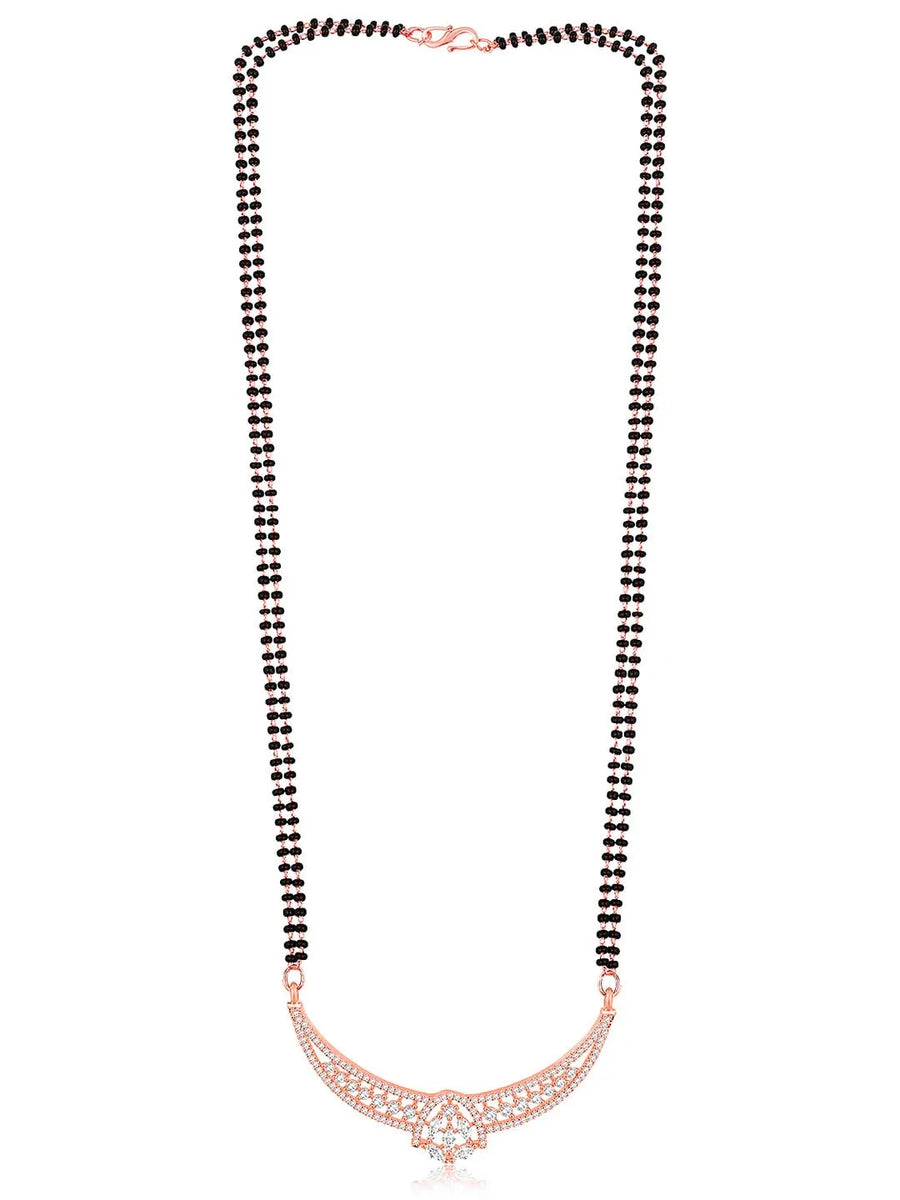 Dazzling CZ Studded Mangalsutra Set. Rose gold plated mangalsutra with earrings & black beads by Peora.