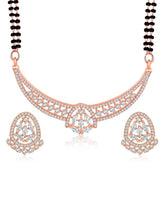 Dazzling CZ Studded Mangalsutra Set. Rose gold plated mangalsutra with earrings & black beads by Peora.