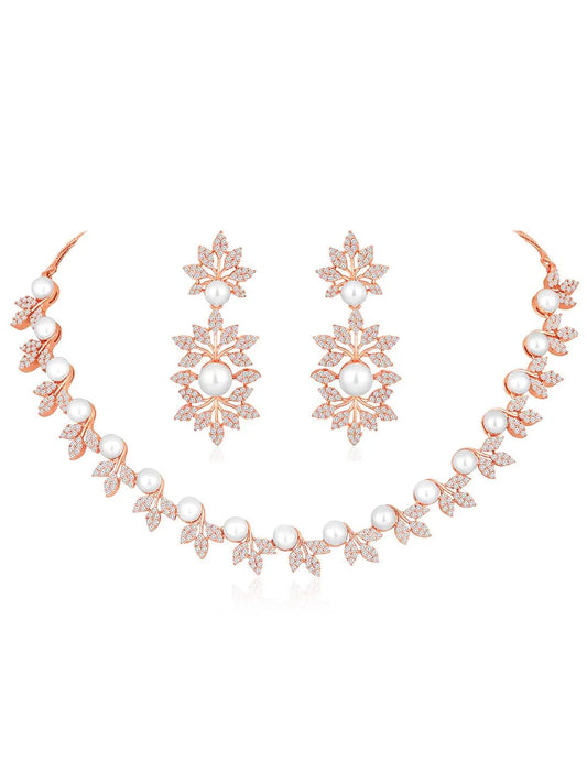 Lustrous Luxe CZ Stud Necklace Set. Rose gold-plated with white cubic zirconia stones, pearls, and floral design, with matching earrings.