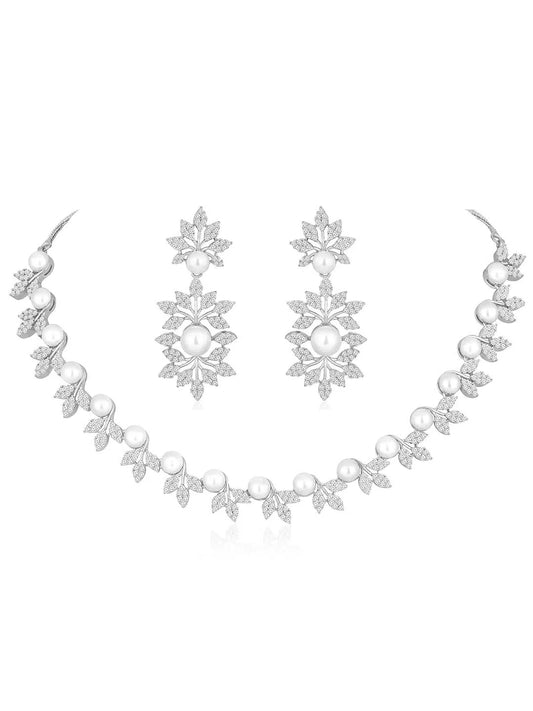 Lustrous Luxe CZ Stud Necklace Set. Silver-plated with white cubic zirconia stones, pearls, and floral design, with matching earrings.