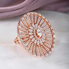 Dazzling Sparkle CZ Statement Ring. Rose gold-plated statement ring with a large central cubic zirconia and multiple surrounding smaller stones.