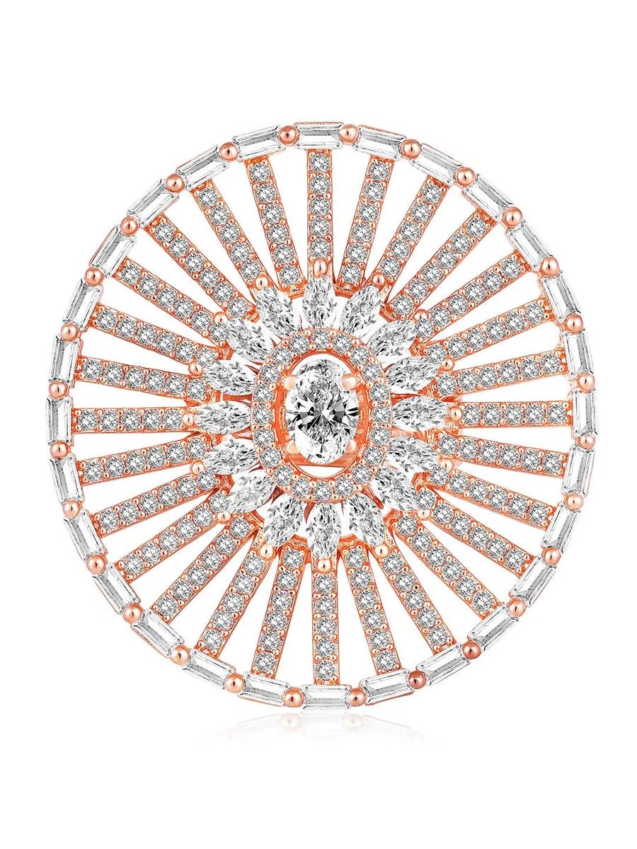 Dazzling Sparkle CZ Statement Ring. Rose gold-plated statement ring with a large central cubic zirconia and multiple surrounding smaller stones.