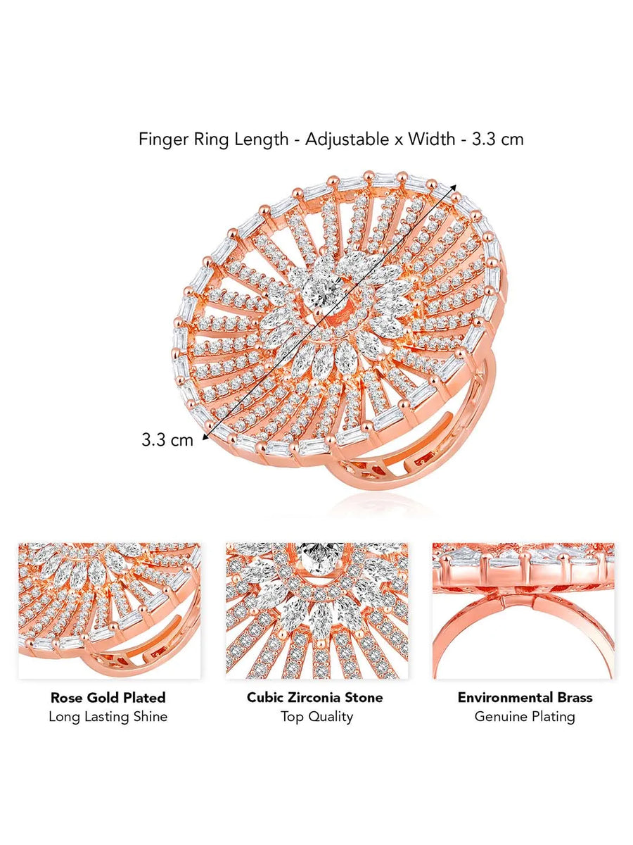 Dazzling Sparkle CZ Statement Ring. Rose gold-plated statement ring with a large central cubic zirconia and multiple surrounding smaller stones.