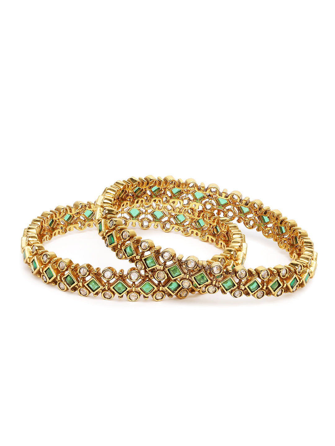 Twin Charm Bangles with Engraving in Green featuring Faux Kundan bangle set 
