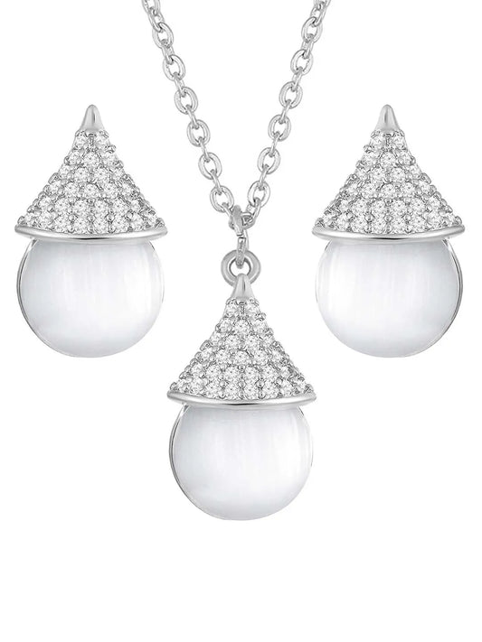 Cat Eye Style Charms Pendant Set - Silver