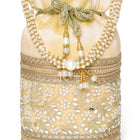 Cream potli bag named Exquisite Charming Embroidery Potli, featuring faux pearl detailing and soft fabric texture | Peora
