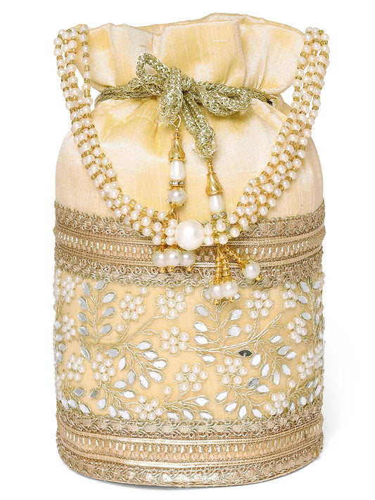 Cream potli bag named Exquisite Charming Embroidery Potli, featuring faux pearl detailing and soft fabric texture | Peora
