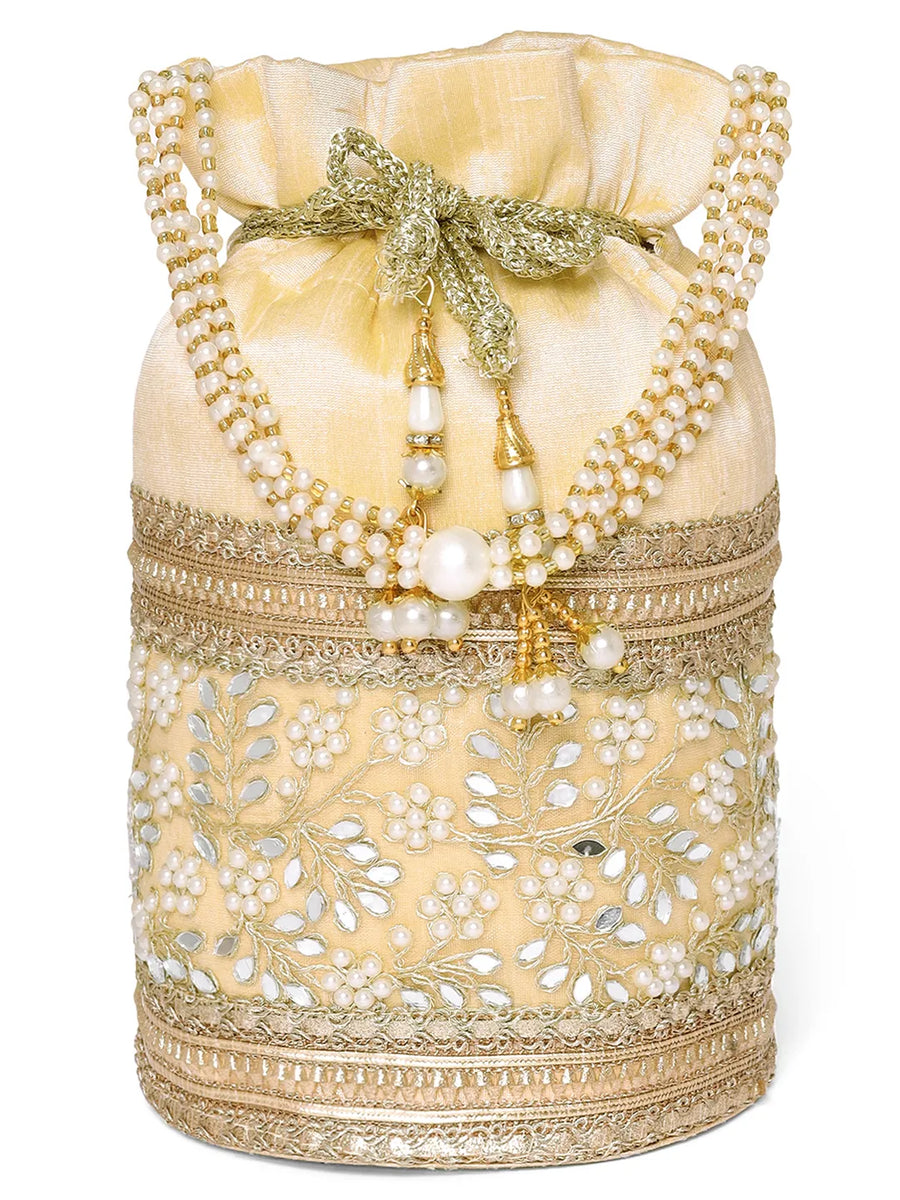 Cream potli bag named Exquisite Charming Embroidery Potli, featuring faux pearl detailing and soft fabric texture | Peora
