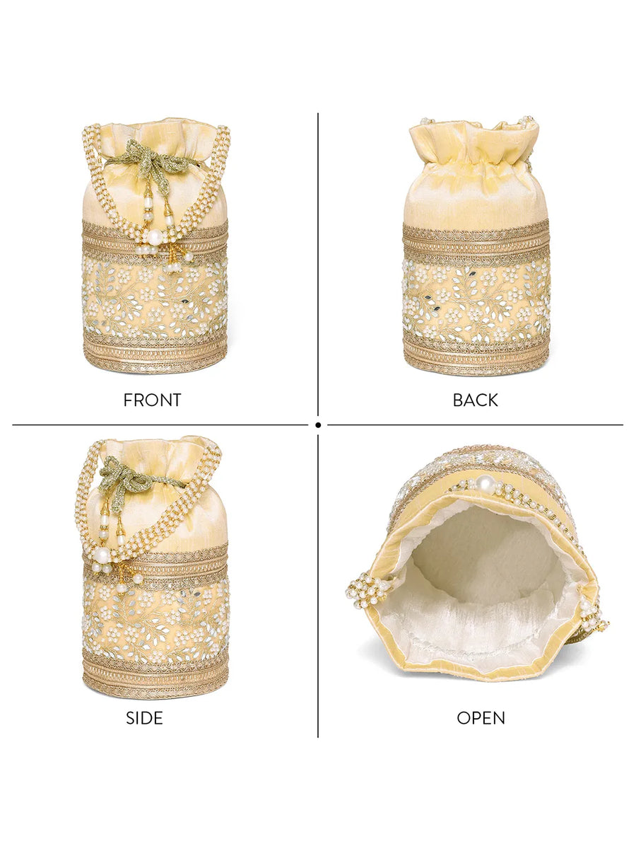Cream potli bag named Exquisite Charming Embroidery Potli, featuring faux pearl detailing and soft fabric texture | Peora
