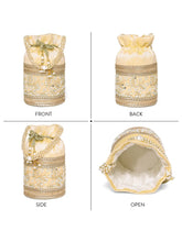 Cream potli bag named Exquisite Charming Embroidery Potli, featuring faux pearl detailing and soft fabric texture | Peora
