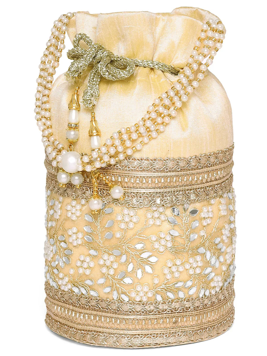 Cream potli bag named Exquisite Charming Embroidery Potli, featuring faux pearl detailing and soft fabric texture | Peora
