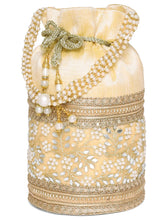 Cream potli bag named Exquisite Charming Embroidery Potli, featuring faux pearl detailing and soft fabric texture | Peora

