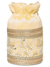Cream potli bag named Exquisite Charming Embroidery Potli, featuring faux pearl detailing and soft fabric texture | Peora
