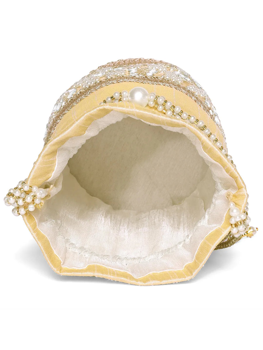 Cream potli bag named Exquisite Charming Embroidery Potli, featuring faux pearl detailing and soft fabric texture | Peora
