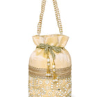 Cream potli bag named Exquisite Charming Embroidery Potli, featuring faux pearl detailing and soft fabric texture | Peora
