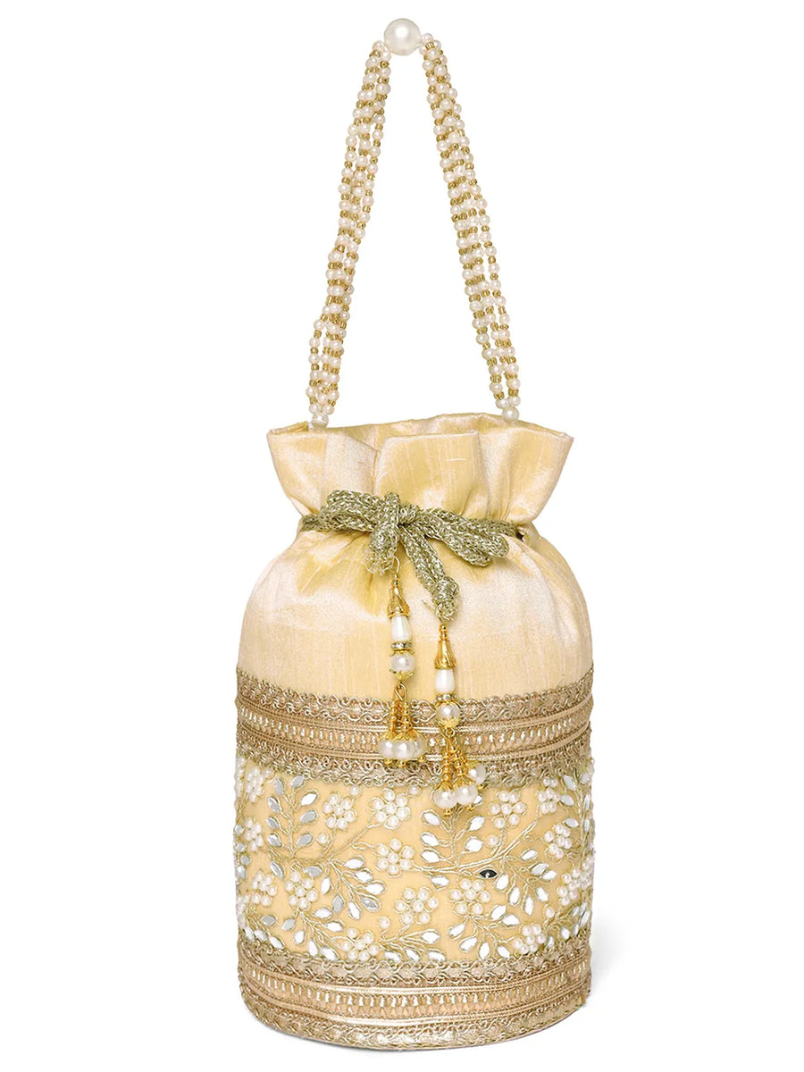 Cream potli bag named Exquisite Charming Embroidery Potli, featuring faux pearl detailing and soft fabric texture | Peora
