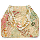 Cream potli bag named Royal Charm Handcrafted Embroidery Potli, featuring artificial beads detailing and soft fabric texture | Peora

