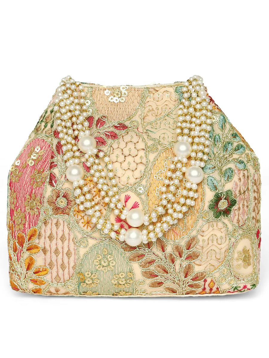 Cream potli bag named Royal Charm Handcrafted Embroidery Potli, featuring artificial beads detailing and soft fabric texture | Peora
