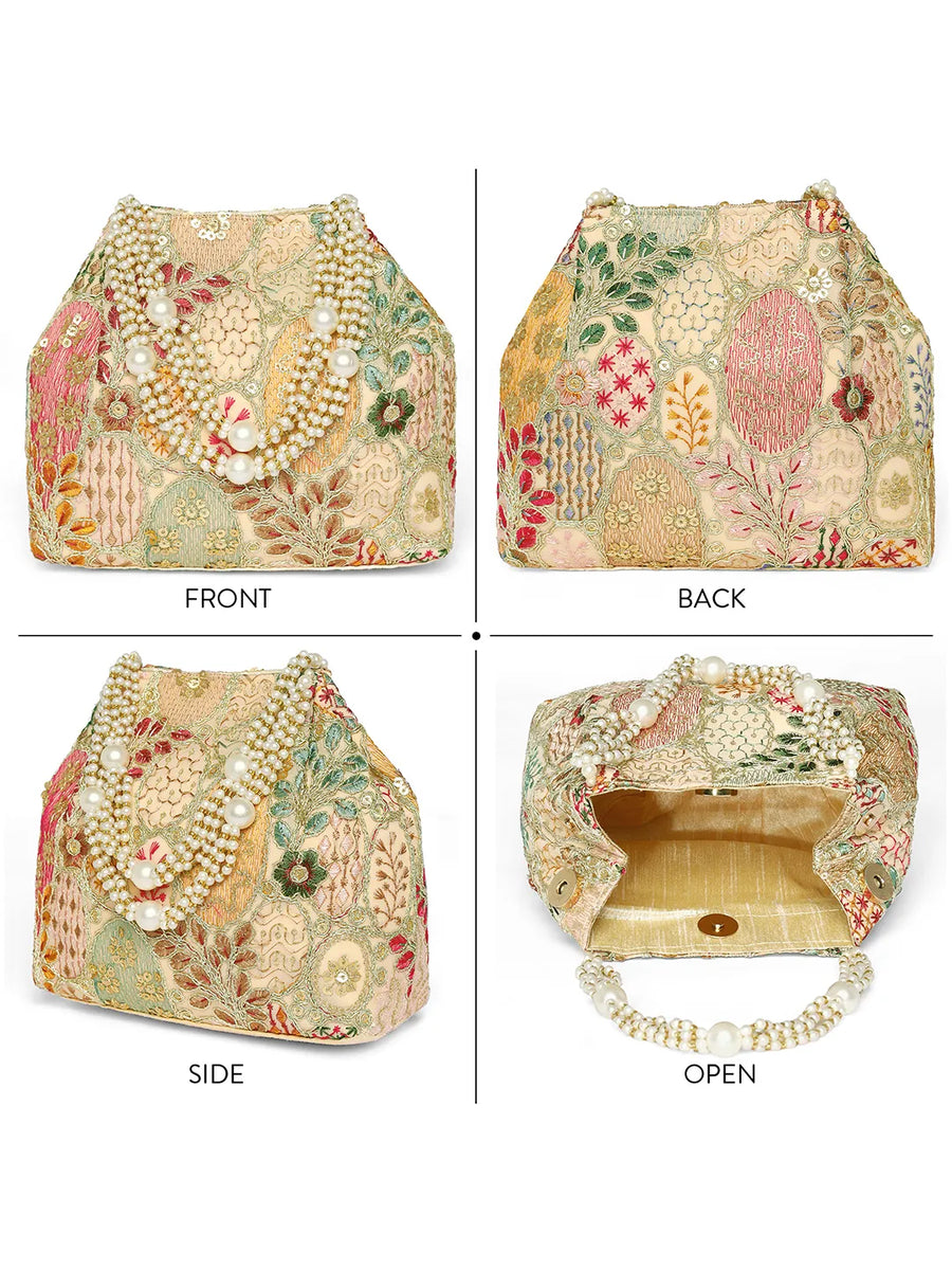 Cream potli bag named Royal Charm Handcrafted Embroidery Potli, featuring artificial beads detailing and soft fabric texture | Peora
