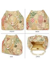 Cream potli bag named Royal Charm Handcrafted Embroidery Potli, featuring artificial beads detailing and soft fabric texture | Peora
