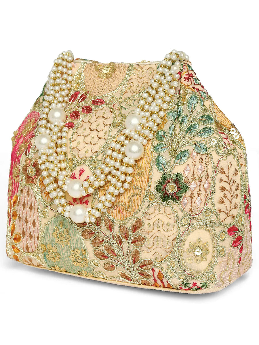 Cream potli bag named Royal Charm Handcrafted Embroidery Potli, featuring artificial beads detailing and soft fabric texture | Peora
