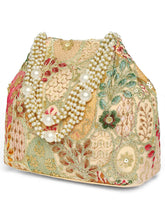 Cream potli bag named Royal Charm Handcrafted Embroidery Potli, featuring artificial beads detailing and soft fabric texture | Peora
