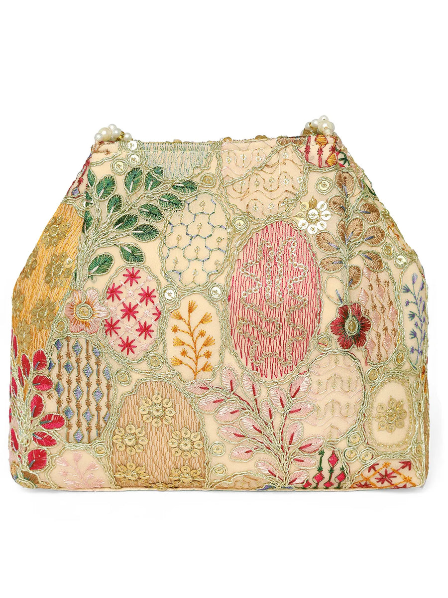 Cream potli bag named Royal Charm Handcrafted Embroidery Potli, featuring artificial beads detailing and soft fabric texture | Peora
