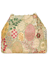 Cream potli bag named Royal Charm Handcrafted Embroidery Potli, featuring artificial beads detailing and soft fabric texture | Peora
