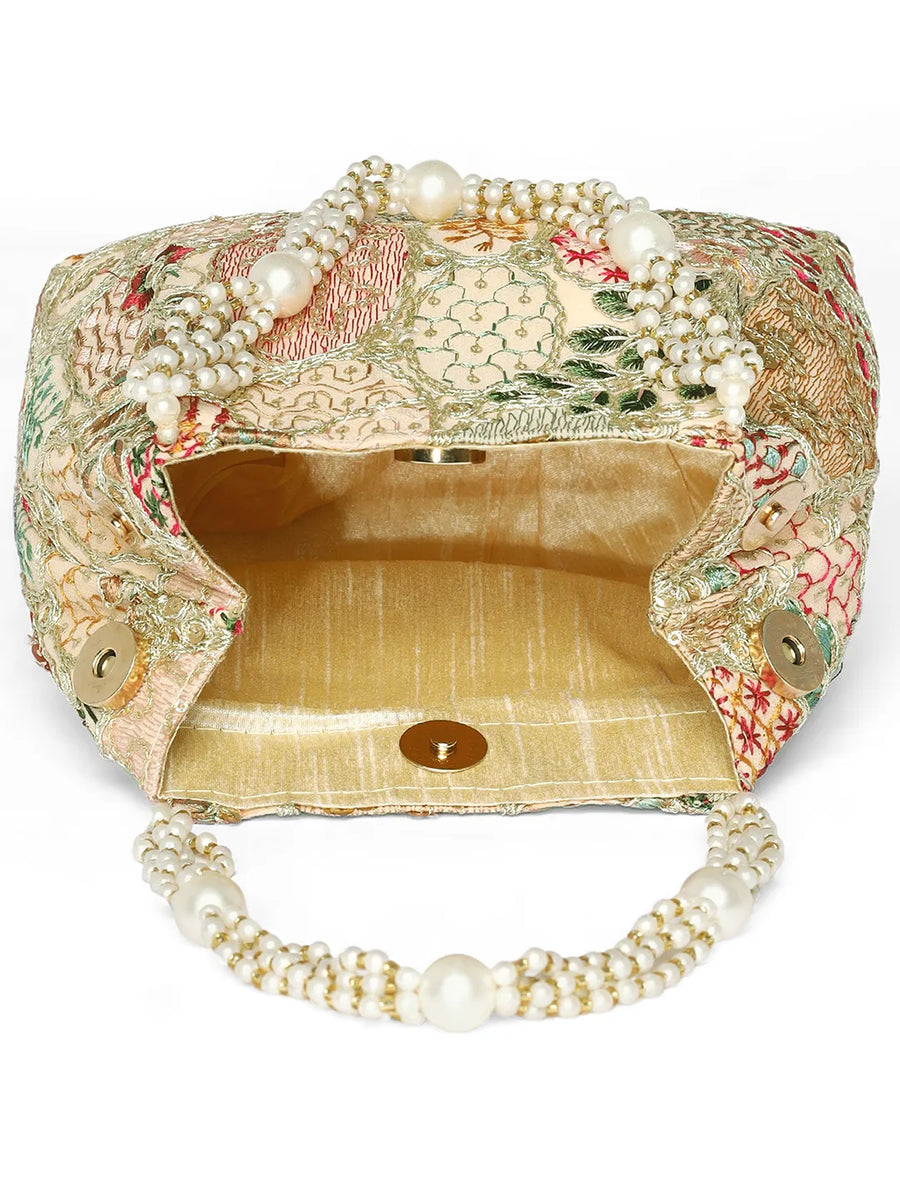 Cream potli bag named Royal Charm Handcrafted Embroidery Potli, featuring artificial beads detailing and soft fabric texture | Peora
