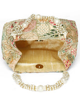 Cream potli bag named Royal Charm Handcrafted Embroidery Potli, featuring artificial beads detailing and soft fabric texture | Peora
