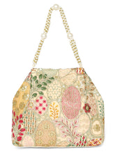 Cream potli bag named Royal Charm Handcrafted Embroidery Potli, featuring artificial beads detailing and soft fabric texture | Peora
